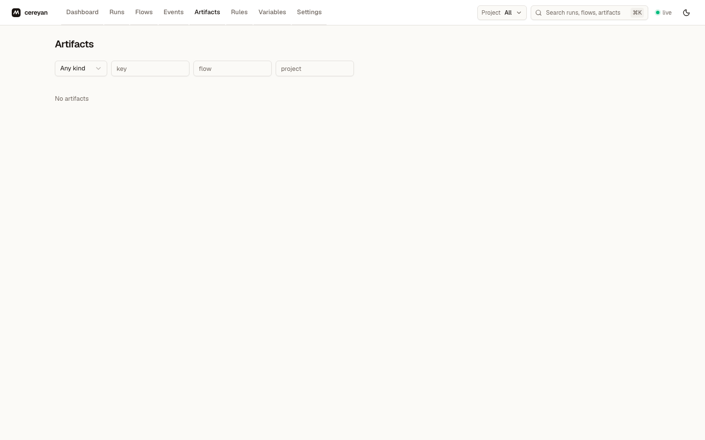 Artifacts page with kind, key, flow, and project filters over the artifacts of every run
