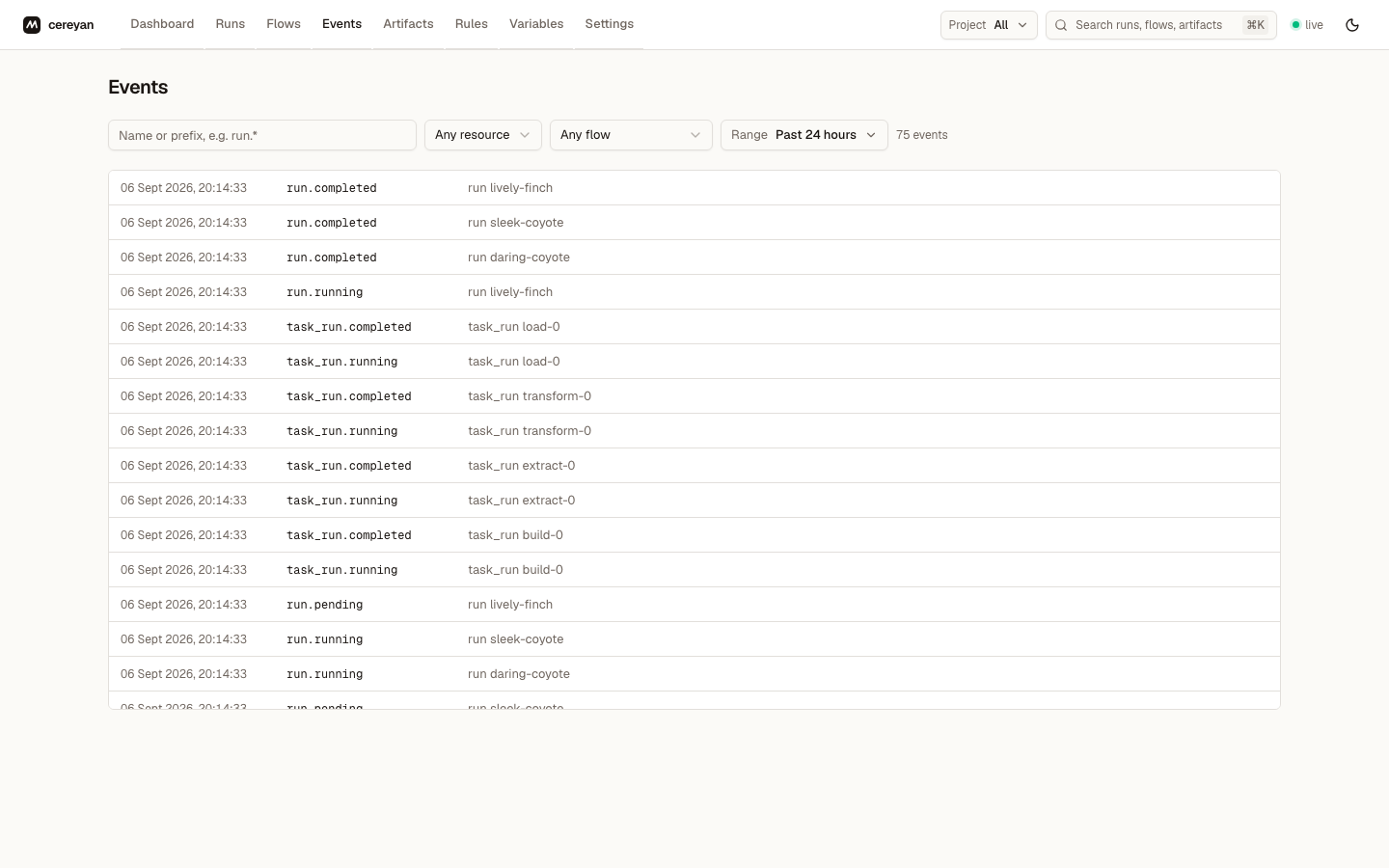 Events feed with name-prefix, resource, flow, and time filters