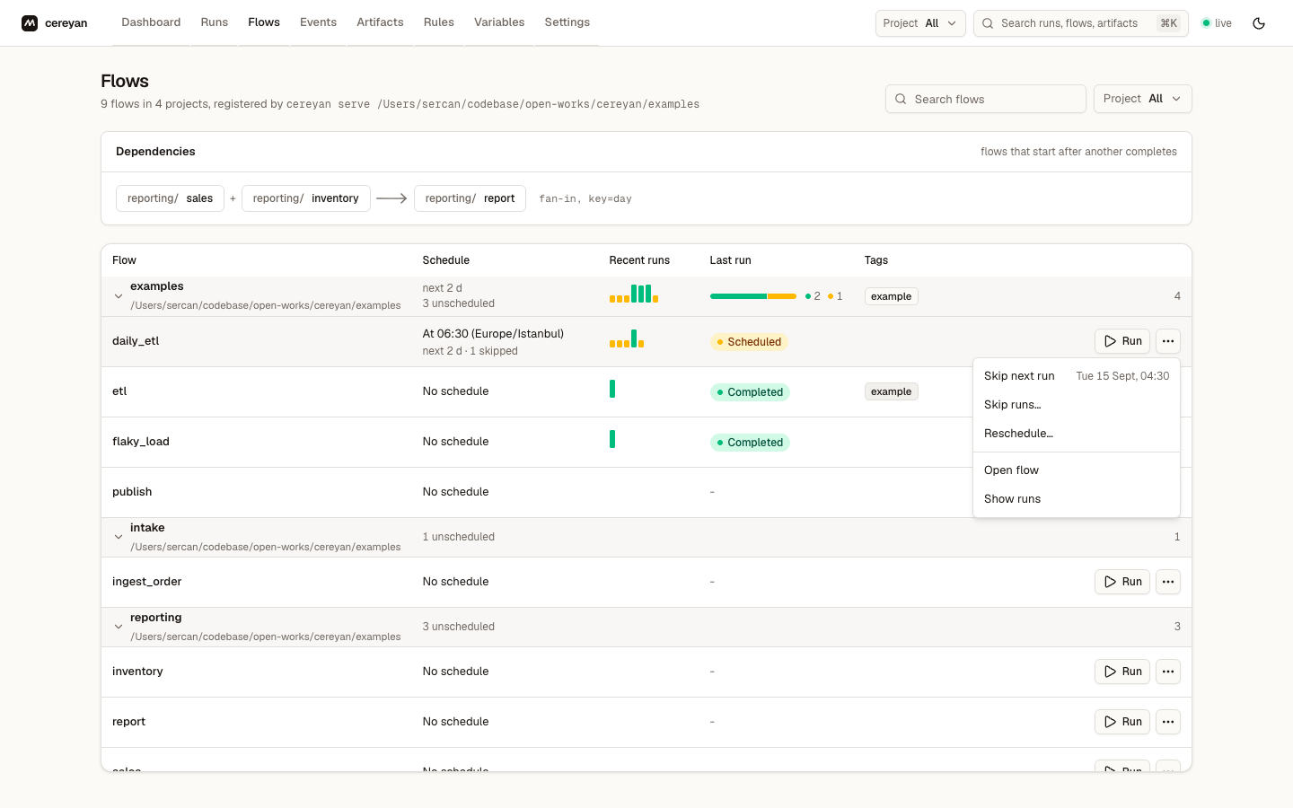 Flows in collapsible groups under a Dependencies panel, a scheduled flow's row menu open on Skip next run with the time it skips, Skip runs, and Reschedule; rows show the schedule in words with the next fire and a skipped count, a run-history sparkline, the last run's state, tags, and a Run button