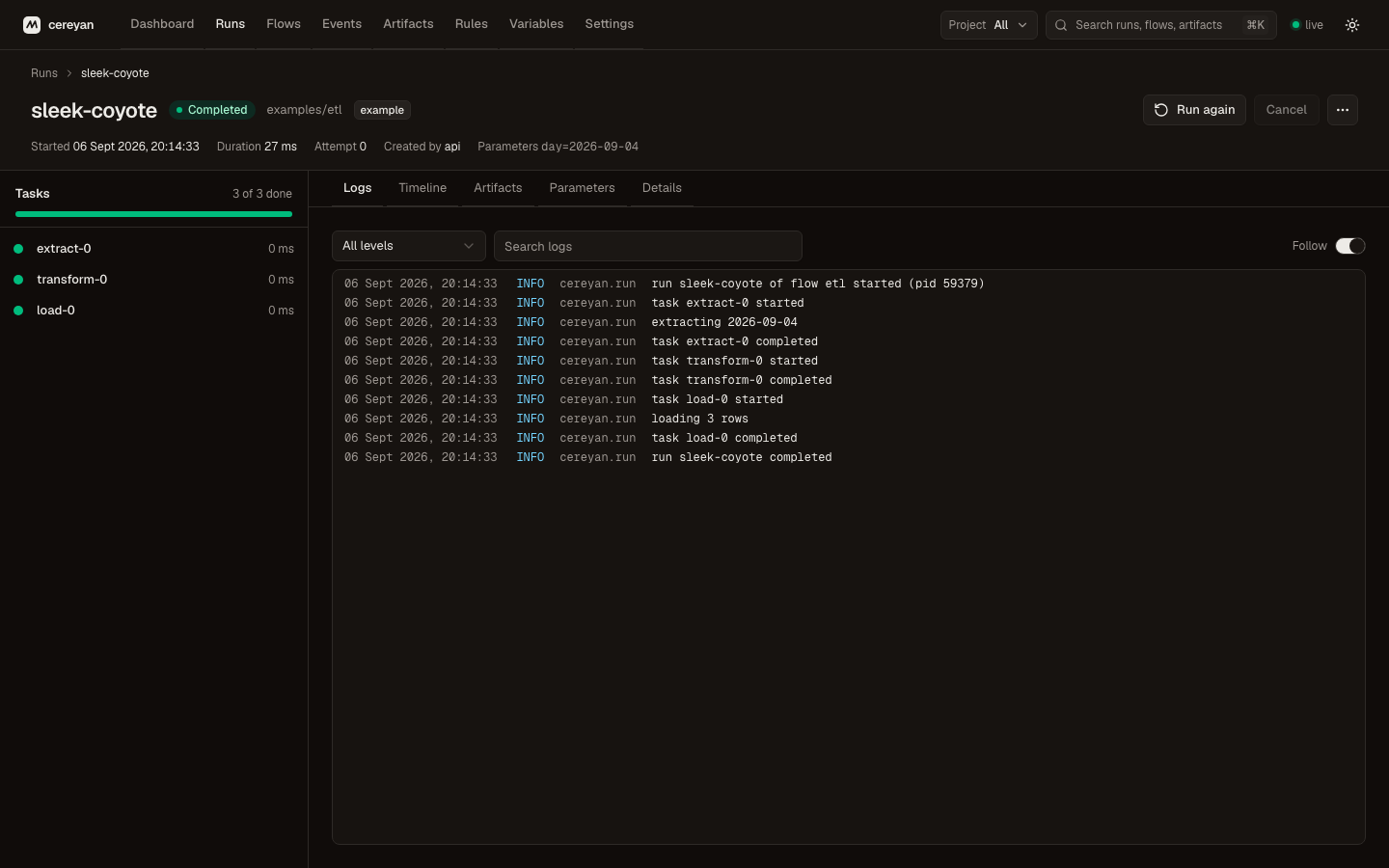 The run page in the dark theme