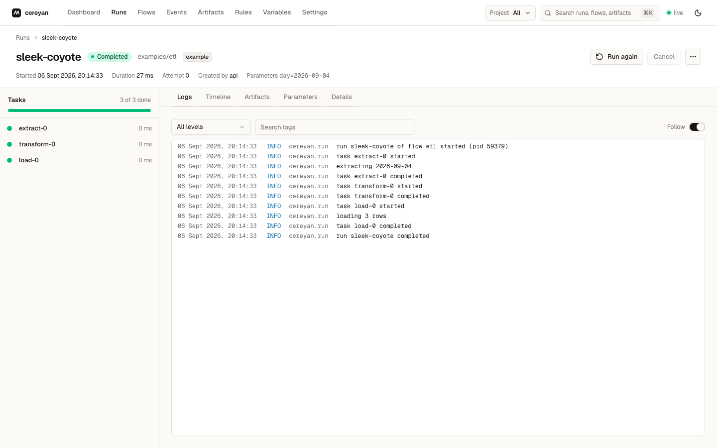 Run detail with the task list, timeline, and live logs