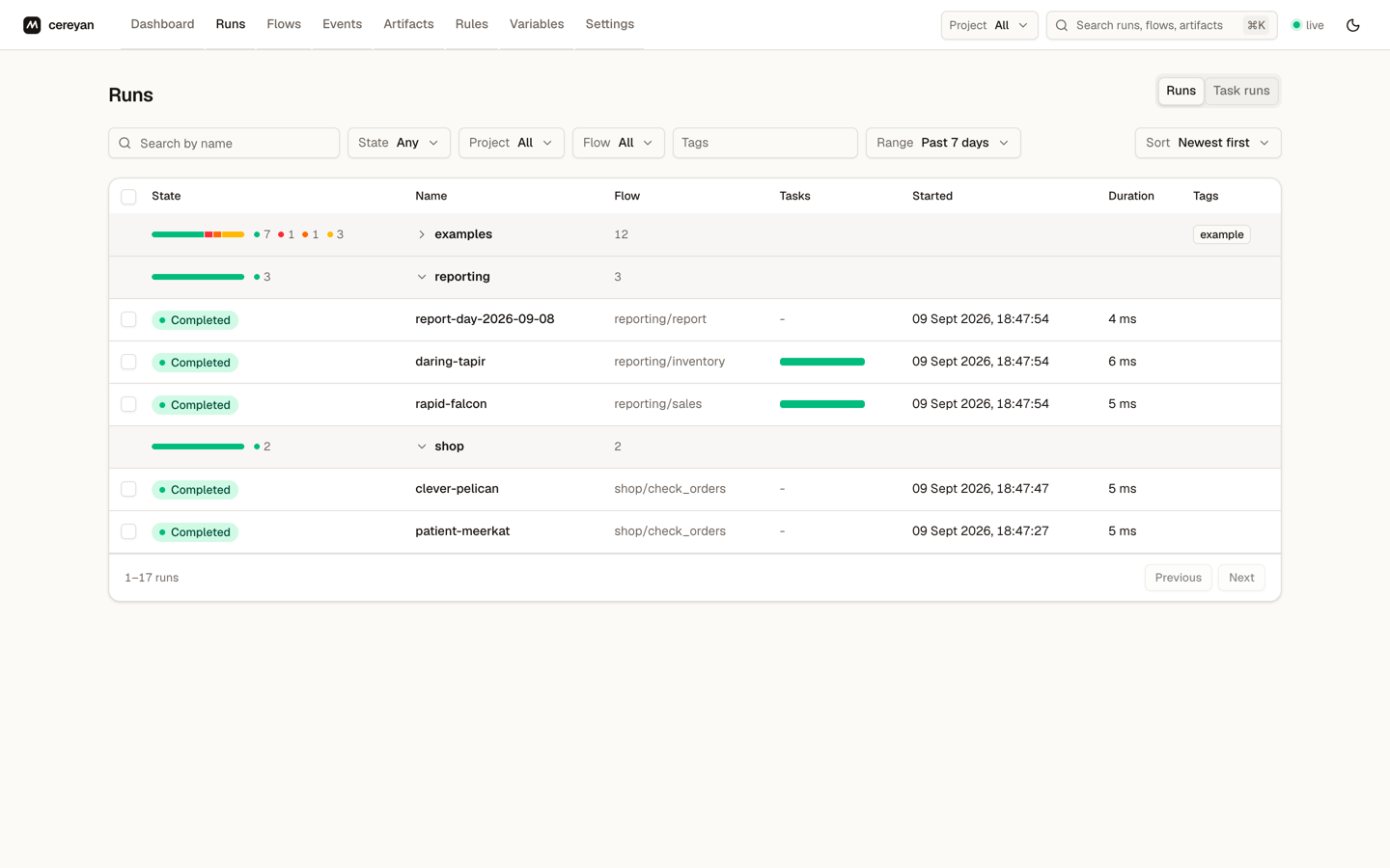 Runs list in collapsible groups, each header rolling up its runs' states, over rows with state, name, flow, a task-state bar, start, duration, and tags, plus popover filters