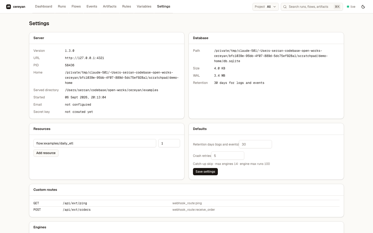 Settings page with server details, database size and retention, resource totals, defaults, custom routes, and engines