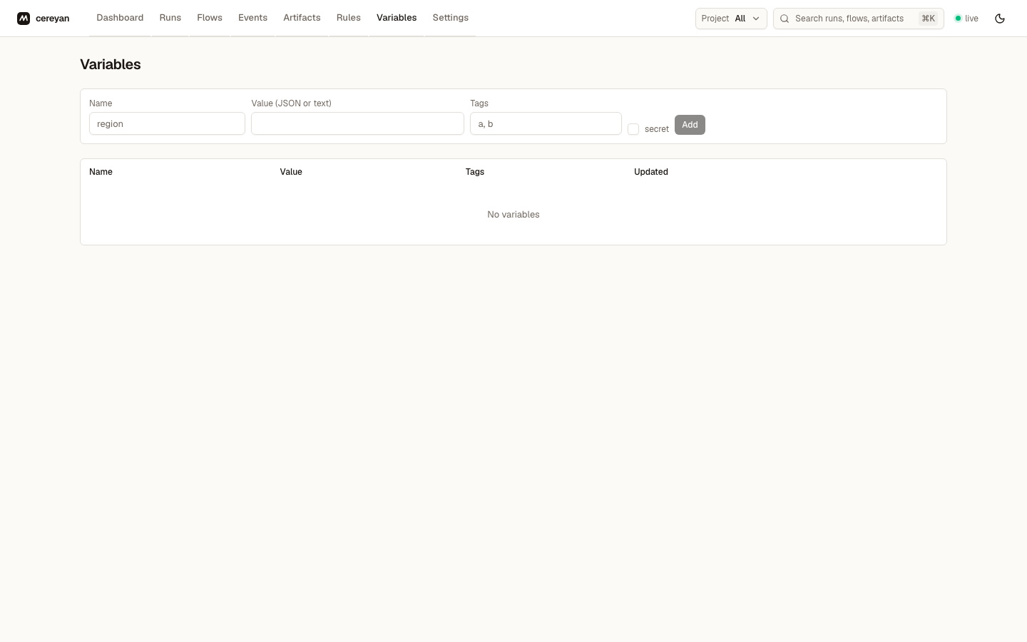 Variables page with the add form and a list showing a masked secret and a tagged plain value